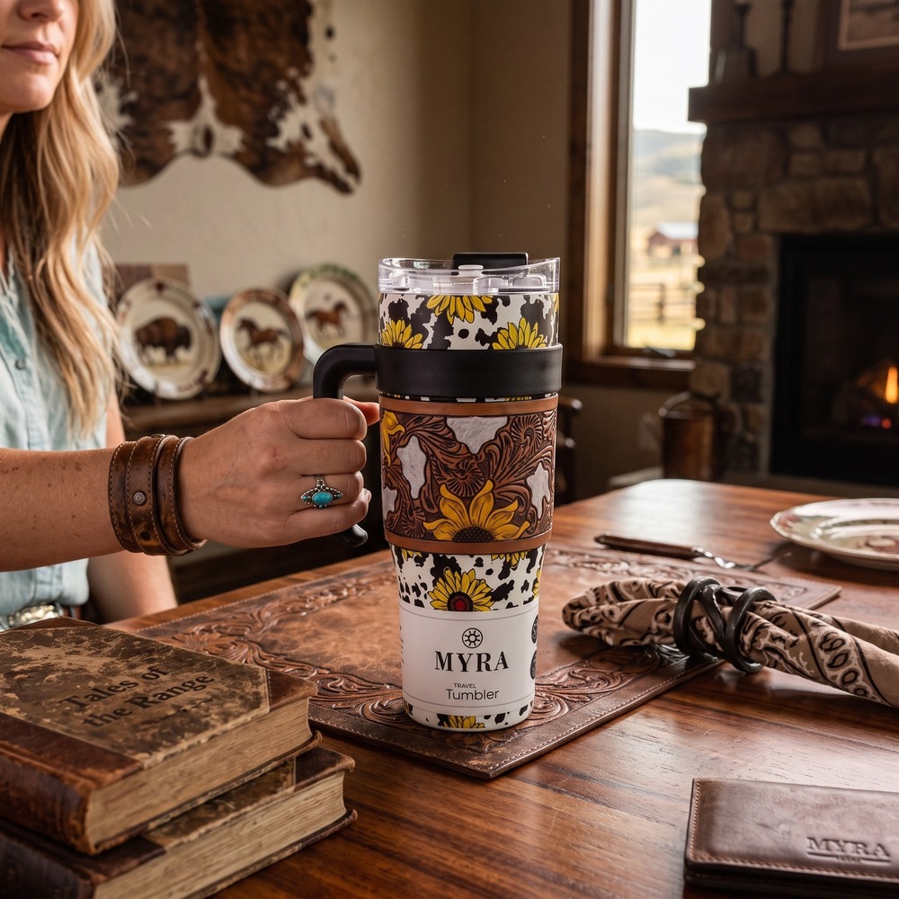 Myra Sunflower Wide Wyoming Tumbler In Yellow with Tooled Leather Sleeve 40oz
